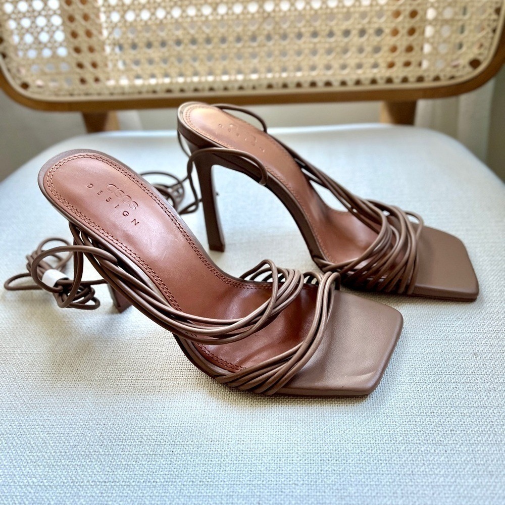 NEW ASOS‎ Design Nest Strappy Ankle Tie Stiletto Sandals Tan Sz 6